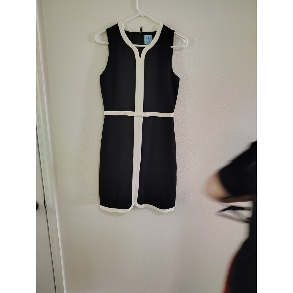 CeCe Black White Colorblock Bow Sleeveless Shift Dress Size 2 Mod Workwear‎